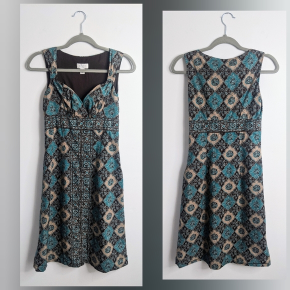 Ann Taylor Loft | Brown Sleeveless Dress with Tan & Teal Diamond Pattern - Picture 1 of 2